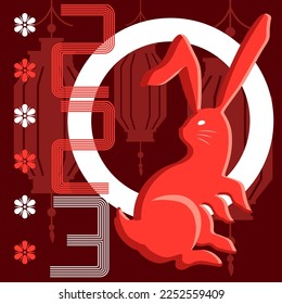 Red Chinese New Year postcard with Rabbit zodiac sign, symbol of 2023, graphic design card with Chinese lanterns on the background, vector banner, card, invitation, greeting.