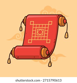 Ilustración roja del rollo del año nuevo chino, fai chun tradicional, rollo decorativo del año nuevo chino, estilo plano del Vector de la historieta dibujado a mano