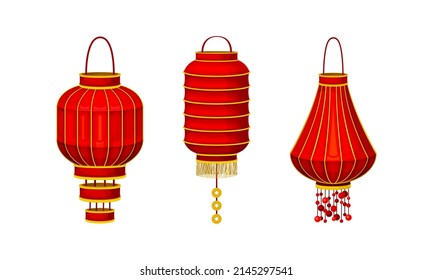 Se ponen linternas de papel rojas chinas. Ejemplo vectorial del elemento de decoración de Año Nuevo tradicional