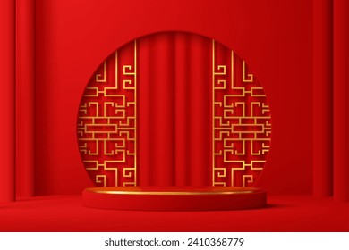 Red Chinese podium stage with arch, curtains and golden lattice, creating a regal setting for ceremonial events and speeches, product presentations and award ceremonies. Realistic 3d vector pedestal