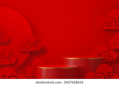 Red chinese podium stage with clouds, golden rings and sun, vector Lunar New Year. 3d luxury stand, pedestal or platform for product display with realistic cylinder shapes and chinese paper cut clouds