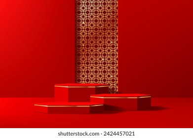 Red Chinese podium stage with golden lattice, emanates grandeur. Realistic 3d vector hexagonal scenes adorned with a vibrant scarlet hue, creating a captivating blend of regal power and elegance