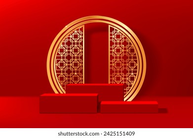 Red Chinese podium stage with golden gate and door arch. Realistic 3d vector striking platform adorned with a majestic gold round arc, and rectangular platforms, exuding regality and cultural richness