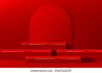 Podio chino rojo, maqueta de escenario para cosméticos con decoraciones de línea dorada. Escena rectangular vectorial 3d realista con arco en tonos escarlata llamativos, proporcionando una plataforma llamativa para presentaciones