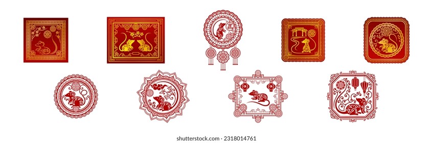 Red Chinese Rat or Mouse New Year Symbol and Emblem Vector Set