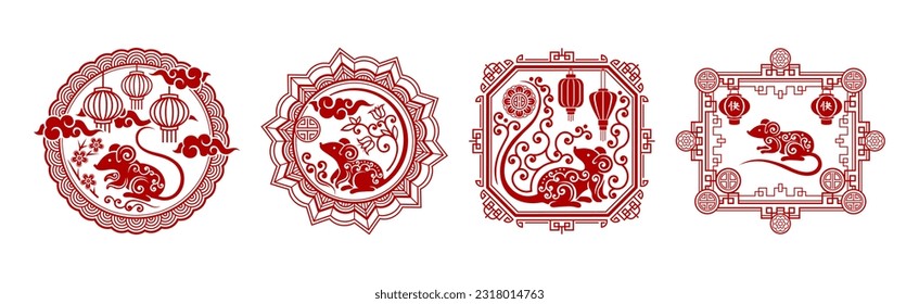 Red Chinese Rat or Mouse New Year Symbol and Emblem Vector Set