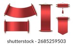 Red Chinese scroll designs with paper textures - curved and straight banners with metal handles, traditional hanging decorations and tassel details. Asian ceremonial elements for festival announcement