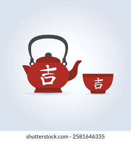 Red Chinese teapot, traditional tea drinking, Icon of red teapot and cup tableware, vector art