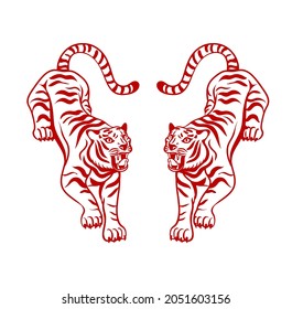 Red Chinese tigers isolated on white background. Chinese new year 2022 year of the tiger. Vector illustration in a realistic style. Symbol of 2022. Asian animal. 