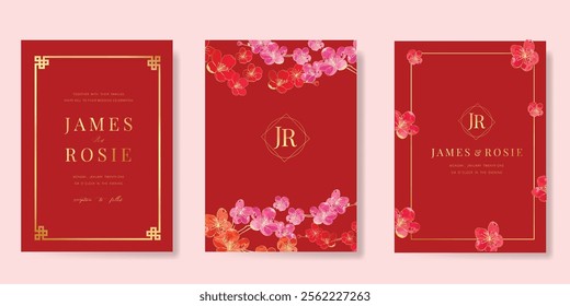 Red Chinese wedding card vector set. Luxury invitation card design with cherry blossom flower, leaf branch, frame. Illustration for vip cover, poster, rsvp modern card, Chinese New Year.