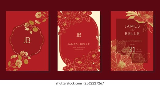 Red Chinese wedding card vector set. Luxury invitation card design with peony, poppy flower, leaf branch, frame. Illustration for vip cover, poster, rsvp modern card, Chinese New Year.