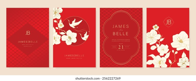 Red Chinese wedding card vector set. Luxury invitation card design with crane bird, flower, leaf branch. Illustration for vip cover, poster, rsvp modern card, Chinese New Year.