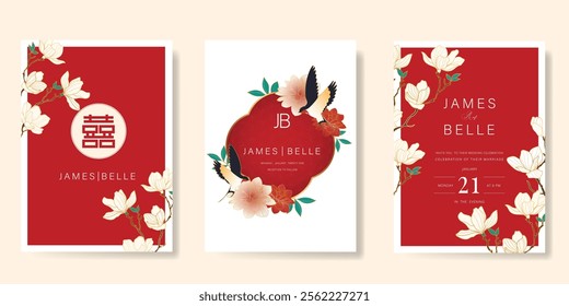 Red Chinese wedding card vector set. Luxury invitation card design with swallow bird, flower, leaf branch. Illustration for vip cover, poster, rsvp modern card, Chinese New Year.