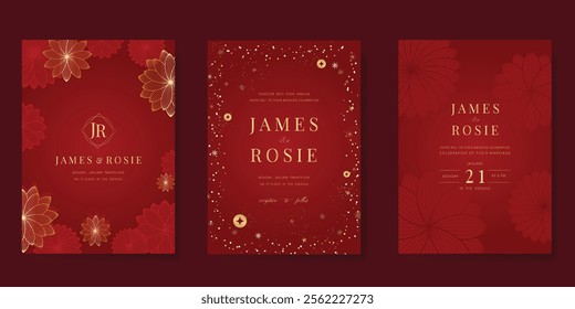 Red Chinese wedding card vector set. Luxury invitation card design with flower, leaf branch, frame, sparkling. Illustration for vip cover, poster, rsvp modern card, Chinese New Year.