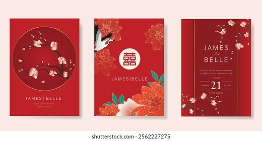 Red Chinese wedding card vector set. Luxury invitation card design with crane bird, flower, leaf branch. Illustration for vip cover, poster, rsvp modern card, Chinese New Year.