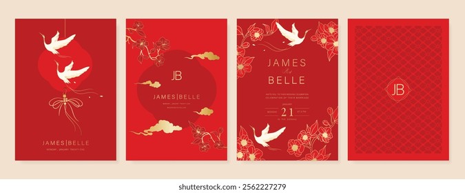 Red Chinese wedding card vector set. Luxury invitation card design with crane bird, flower, leaf branch. Illustration for vip cover, poster, rsvp modern card, Chinese New Year.