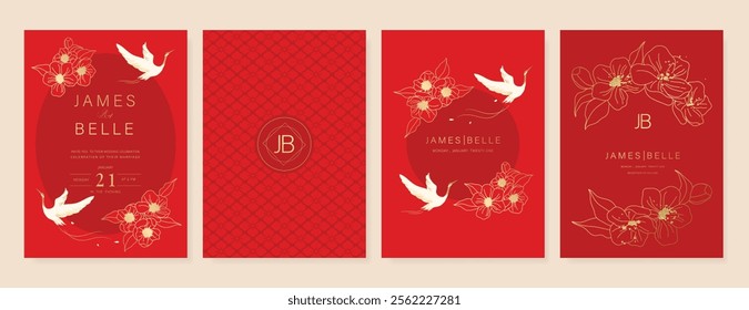 Red Chinese wedding card vector set. Luxury invitation card design with crane bird, flower, leaf branch. Illustration for vip cover, poster, rsvp modern card, Chinese New Year.