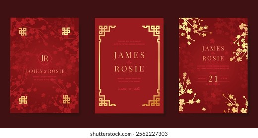 Red Chinese wedding card vector set. Luxury invitation card design with cherry blossom flower, leaf branch, frame. Illustration for vip cover, poster, rsvp modern card, Chinese New Year.