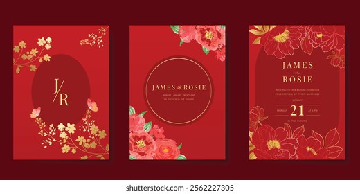 Red Chinese wedding card vector set. Luxury invitation card design with watercolor poppy, peony flower, leaf branch, butterfly. Illustration for vip cover, poster, rsvp modern card, Chinese New Year.