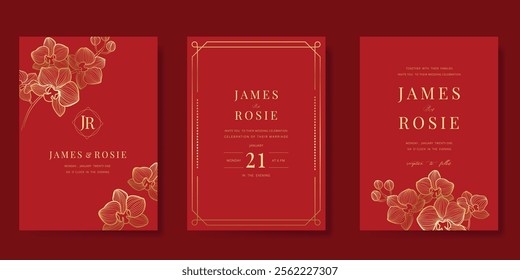 Red Chinese wedding card vector set. Luxury invitation card design with orchid flower, leaf branch, frame. Illustration for vip cover, poster, rsvp modern card, Chinese New Year.