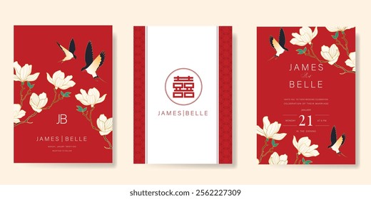 Red Chinese wedding card vector set. Luxury invitation card design with swallow bird, flower, leaf branch. Illustration for vip cover, poster, rsvp modern card, Chinese New Year.