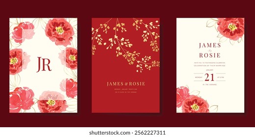 Red Chinese wedding card vector set. Luxury invitation card design with watercolor poppy flower, leaf branch. Illustration for vip cover, poster, rsvp modern card, Chinese New Year.