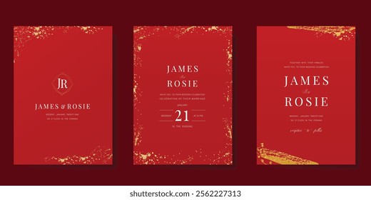 Red Chinese wedding card vector set. Luxury invitation card design with gold glitter, gold foil texture. Illustration for vip cover, poster, rsvp modern card, Chinese New Year.