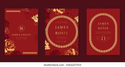 Red Chinese wedding card vector set. Luxury invitation card design with peony flower, leaf branch, frame. Illustration for vip cover, poster, rsvp modern card, Chinese New Year.