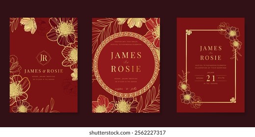 Red Chinese wedding card vector set. Luxury invitation card design with peony flower, leaf branch, frame. Illustration for vip cover, poster, rsvp modern card, Chinese New Year.