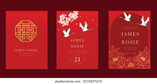 Red Chinese wedding card vector set. Luxury invitation card design with cherry blossom, peony flower, crane bird, frame. Illustration for vip cover, poster, rsvp modern card, Chinese New Year.