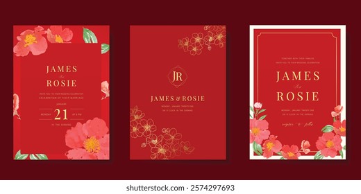 Red Chinese wedding card vector set. Luxury invitation card design with gold line and watercolor peony flower, leaf, frame. Illustration for vip cover, poster, rsvp modern card, Chinese New Year.