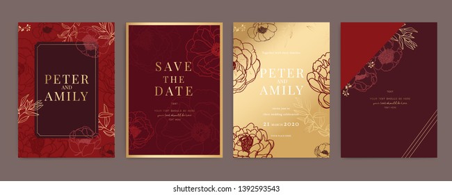 Red Chinese Wedding Invitation, floral invite thank you, rsvp modern card Design in white peony with golden leaf greenery  branches decorative Vector elegant rustic template