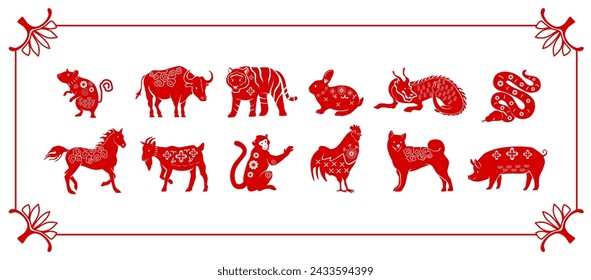 Animales Zodíacos Chinos Rojos, Cada Uno Representa Un Año En Un Ciclo De 12 Años. Rata, buey, tigre, conejo, dragón, serpiente o caballo