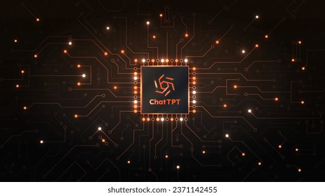 Red chip concept. Modern technologies and innovations. Machine learning and artificial intelligence. AI scheme with sparkles. Poster or banner. Realistic neon vector illustration