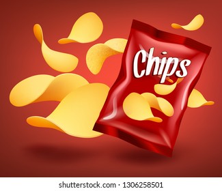 Red chips package mockup with yellow crispy snacks, advertising composition concept, realistic natural potatoes chips, vector illustration