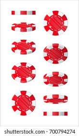 Red chips views cartoon style isolated. The chips are at different angles around its axis for designers and illustrators. Rotation of bets in the form of a vector illustration