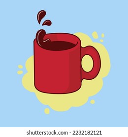 Red chocolate coffee mug with steam in flat design style. Vector illustration