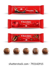 Red chocolates truffles Vector realistic. Product packaging mock up. 3d illustrations