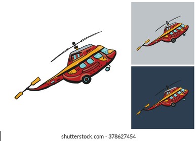 Red chopper vector sketch in kids style on white, gray and dark background.