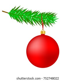 Red Christas ball with a red thread on a green fir branch. White background. Vector illustration