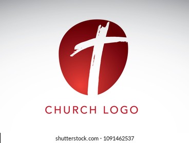 Red Christian cross church logo. Christianity symbol of Jesus Christ. Natural brush strokes with rough edges. Silhouette outline of cross.