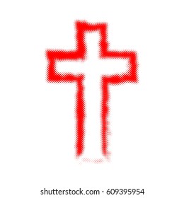 Red Christian cross in halftone design. Vector illustration. Abstract cross as a symbol of the Christian faith.
