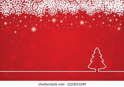 Red christman and new year background. Christmas tree card with snowflakes.