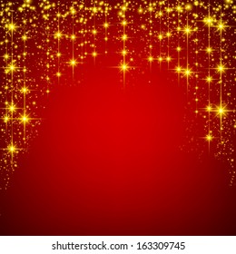 Red christmas abstract background. Holiday illustration with golden stars and sparkles. Vector. 