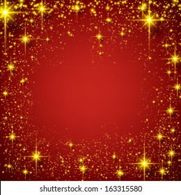 Red christmas abstract frame. Holiday background with golden stars and sparkles. Vector.