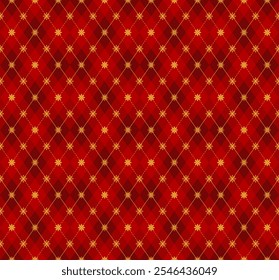 Argila de Natal vermelho jogado padrão sem costura. Ornamento tradicional escocês em losango vermelho e amarelo. Fundo com flocos de neve. Textura de tecido. Design para papel de parede, tecido, fundo, embrulhar p