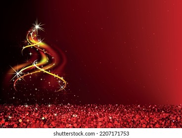 Red Christmas Background with an Abstract Christmas Tree made of Falling Stars and Curved Lines - Colored Illustration, Vector
