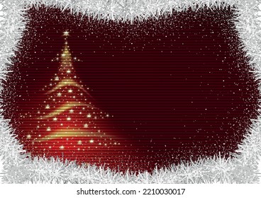 Red Christmas Background with Abstract Christmas Tree made of Stars and Glowing Elements with Silver Christmas Chains on Striped Decorative Texture - Colored Festive Illustration, Vector
