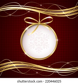 Red Christmas background with ball and golden ribbon, illustration.