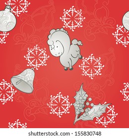 Red christmas background with ball, mistletoe, bell and stylized horse.